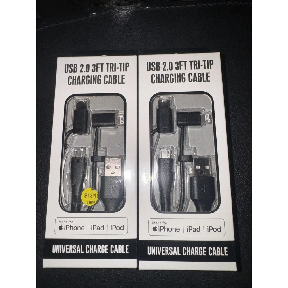 2 Universal USB Port Charging Cable 3 ft Tri-Tip iPhone iPad iPod USB-C Micro
